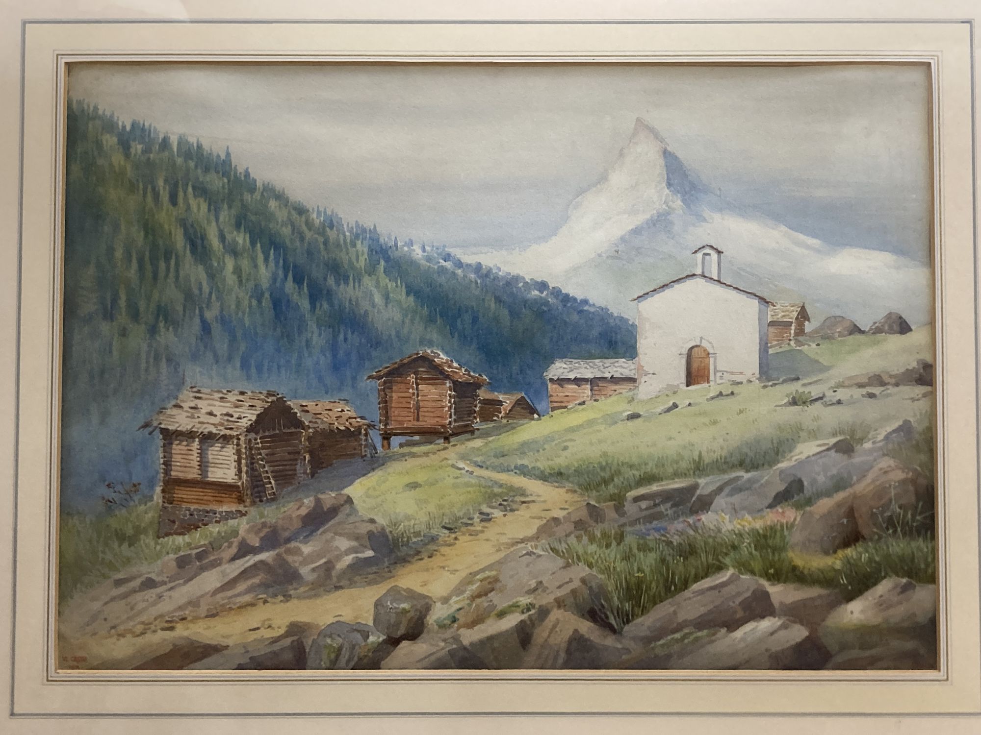 W. Chater, watercolour, The Matterhorn from Findln, signed and dated 1912, 34 x 48cm and an Italianate river landscape